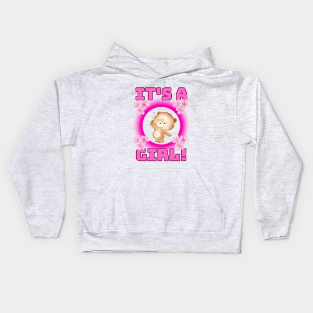 It's a girl revealing pink flowers and a cute bear. Fritts Cartoons Kids Hoodie by Shean Fritts 